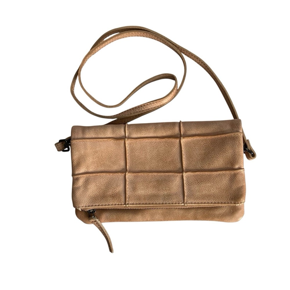 Anthropologie Woven Leather Crossbody Bag Tan Foldover Flap Zip Closure